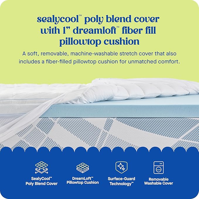 Sealy Dreamlife 3” Gel Memory Foam Twin Mattress Topper with 1” Quilted Cooling Cover, SealyComfort Gel Foam, SealyCool Poly Blend Cover
