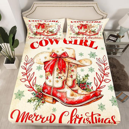 Cowgirl Christmas Fitted Sheet Set with 2 Pillowcase,Xmas Snowflake Red Bow Microfiber Mattress Cover,Western Tribal Boots Cap Texas Stars Vintage Brown Bed Cover Queen Size