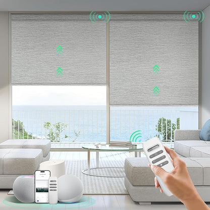 HeyBlinds Motorized Blinds with Remote, 100% Blackout Smart Blinds, Automatic Shades for Windows Compatible with Alexa Google and Homekit, Custom Size(Light Chaser-Silver Gray BO)