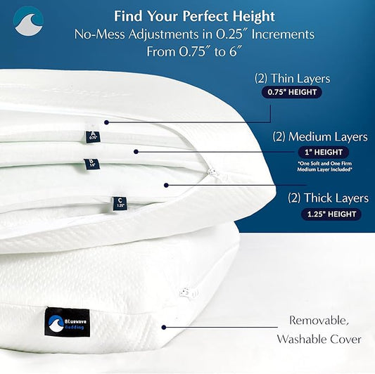 Bluewave Bedding Versalayer Adjustable Height and Firmness Pillow - 20 Heights from 0.75 to 6 Inches - Six Memory Foam Layers - Ideal for Stomach, Back, and Side Sleepers (King)