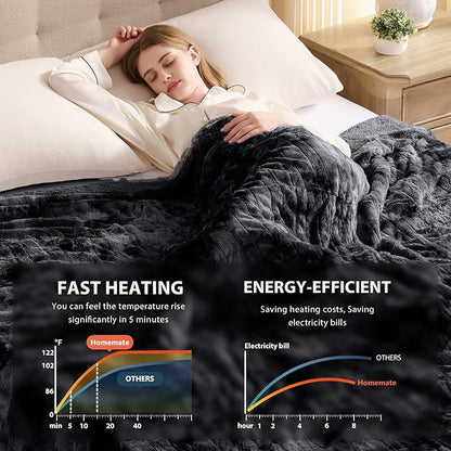 Homemate Heated Blanket Electric Throw - 50"x60" Heating Blanket Throw 1/2/4/6/8 Hours Auto-Off 10 Heat Levels Over-Heat Protection Luxury Faux Fur Sherpa ETL Certification