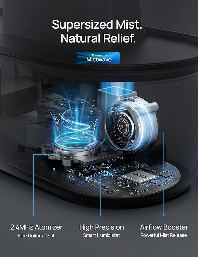 Dreo Smart Humidifiers for Bedroom-Filter Included, Top Fill 4L Humidifier Large Room with 28 dB, 36H Runtime, Touch/APP/Voice Control, Nightlight, Cool Mist Humidifiers for Baby, Plants, Ebony