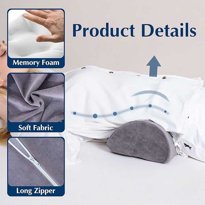 Knee Pillow for Back Sleeping, Pain Relief Memory Foam Bolster for Legs, Under Knee & Bed, Roll Round Support Wedge, Half Moon Pillow Ideal for Massage Table, Grey