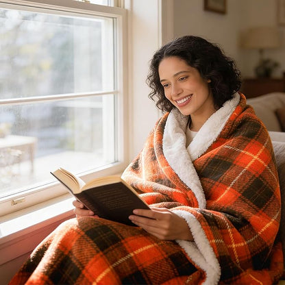 Electric Heated Blanket 62"x84",Fast Heating Twin with 8 Hours Auto Off/8 Heats Levels,Soft Orange Plaid Sherpa Electric Blanket with ETL Certification & Over-Heat Protection