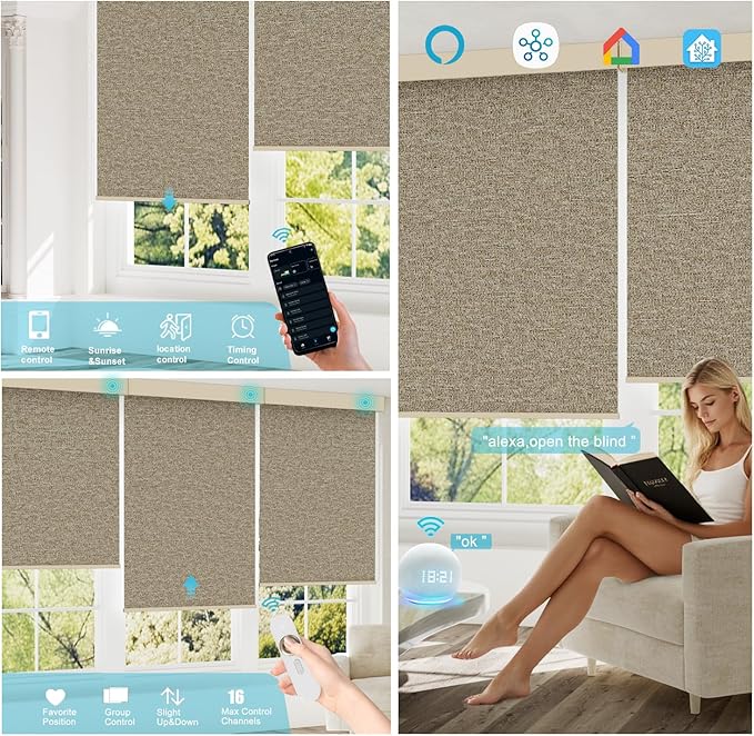 Motorized Blinds with Remote, 100% Blackout Smart Blind Roller Shades Compatible with Alexa Homekit, Automatic Electric Shades for Windows Customized Size（Elegant-Khaki）