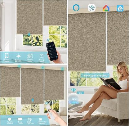 Motorized Blinds with Remote, 100% Blackout Smart Blind Roller Shades Compatible with Alexa Homekit, Automatic Electric Shades for Windows Customized Size（Elegant-Khaki）