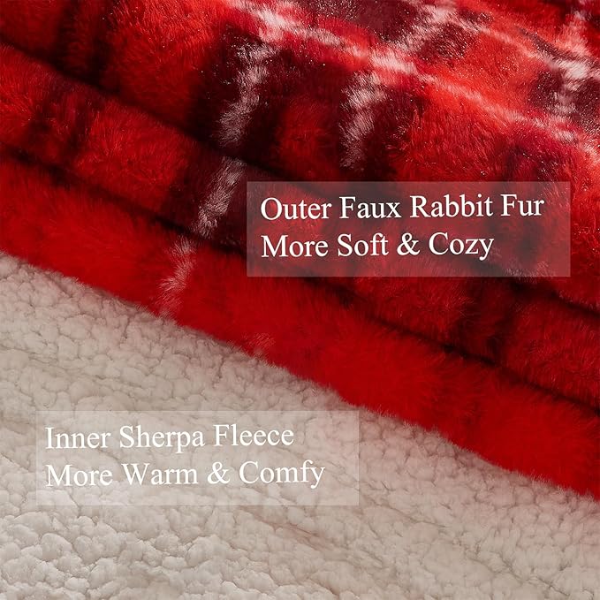 MAXEVE Heated Electric Blanket, 50"x60" Faux Fur Fast Heating Throw Blankets with 8 Heating Levels & 8 Hours Auto Off with Over-Heat Protection & ETL Certified, Plaid Red