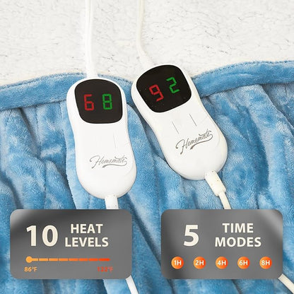 Homemate Heated Electric Blanket Queen Size - 84"x90" Heating Bed Blanket Throw with 10 Heating Levels 8 Hours Auto Off Fast Heating Over-Heat Protection Ultra Soft Flannel ETL Certified, Blue