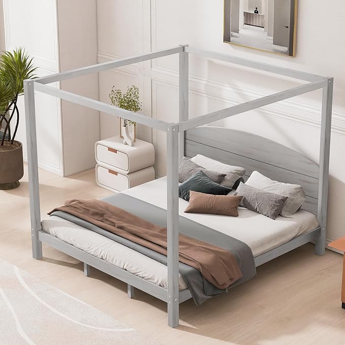 LUMISOL Canopy Bed Frame King Size, Solid Wood Four Posters Bed Frame with Headboard & Slat Support Legs, No Box Spring Needed, Grey Wash