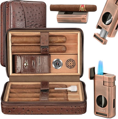 TISFA Cigar Case, Leather Cigar Humidor with Cigar Lighter, V Cut Cigar Cutter, Cigar Holder 3 in 1, Portable Cedar Wood Cigar Box with Humidifier Hygrometer, Cigar Accessories Gifts (Embossed Brown)