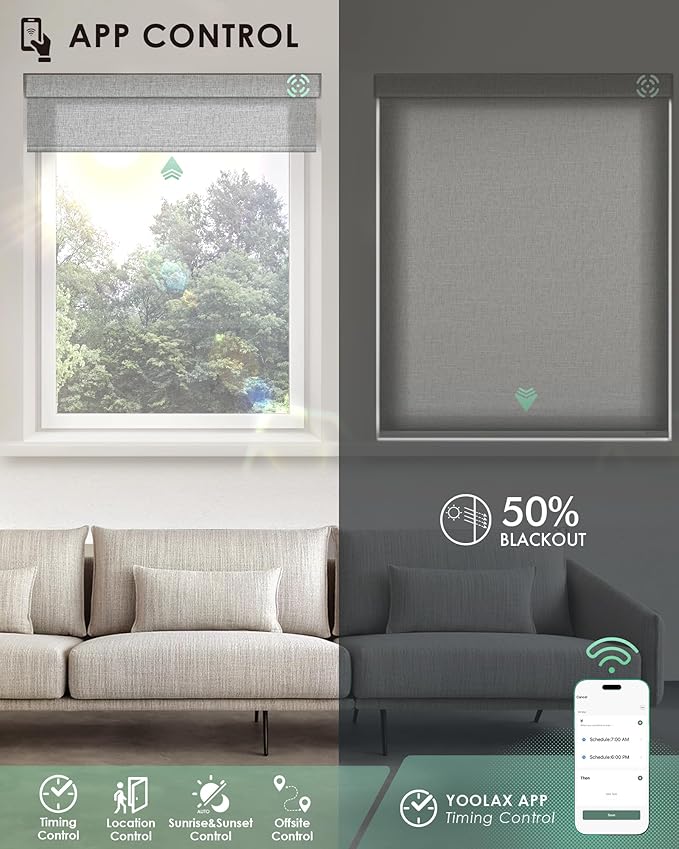 Yoolax Motorized Blinds with Remote, Light Filtering Smart Blinds Compatible with Alexa Google Home, Automatic Shades for Windows Living Room, Custom Size (50% Blackout V-Shimmer Light Gray)