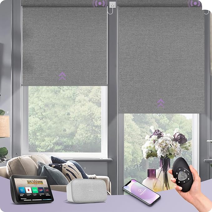 Graywind Motorized Roller Shade 100% Blackout Compatible with Alexa Google Textured Fabric Remote Control Hardwired Window Shades Window Blinds, Customized Size (Weaving Cloud)