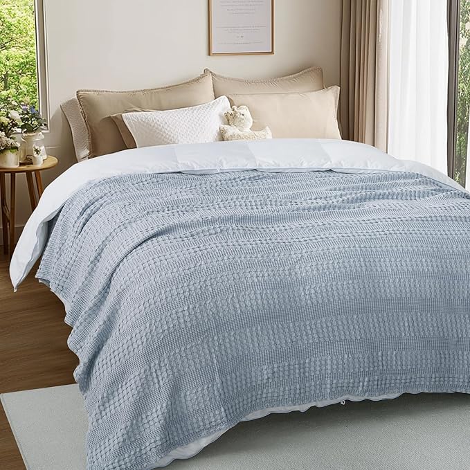 Cooling Waffle Weave Blanket Twin Size for Bed Sofa - Soft Lightweight Bed Blankets of 50% Rayon Derived from Bamboo for Hot Sleepers, Breathable Throw for Summer, Light Blue, 60"x80"