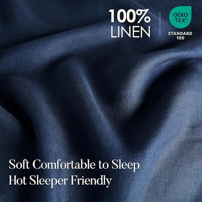 DAPU 100% Linen Duvet Cover Set - Pure Natural French Flax Linen with Corner Ties and Zipper Closure Soft Breathable Durable for Hot Sleepers 1 Duvet Cover 2 Pillowcases (Navy Blue, Full/Queen)