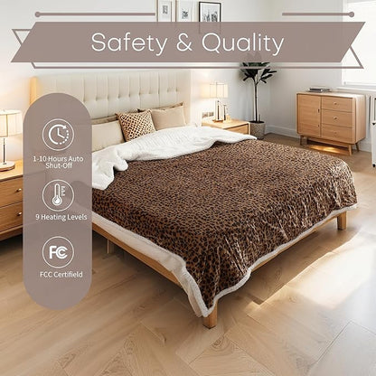 LUXIAN Electric Heated Blanket Queen Size 84"x90" - Microplush & Sherpa Fabric Dual-Sided, 9 Heat Settings & 10 Hours Auto Off, Cozy Warming Throw for Office or Bed, Machine Washable, Leopard Print