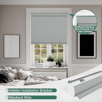 BERISSA Cordless Blackout Roller Shades for Windows,Free-Stop Linen Fabric Windows Blinds with Cassette Valance,Thermal Insulated UV Protection Roller Blinds for Home Office.Custom Color.Custom Size