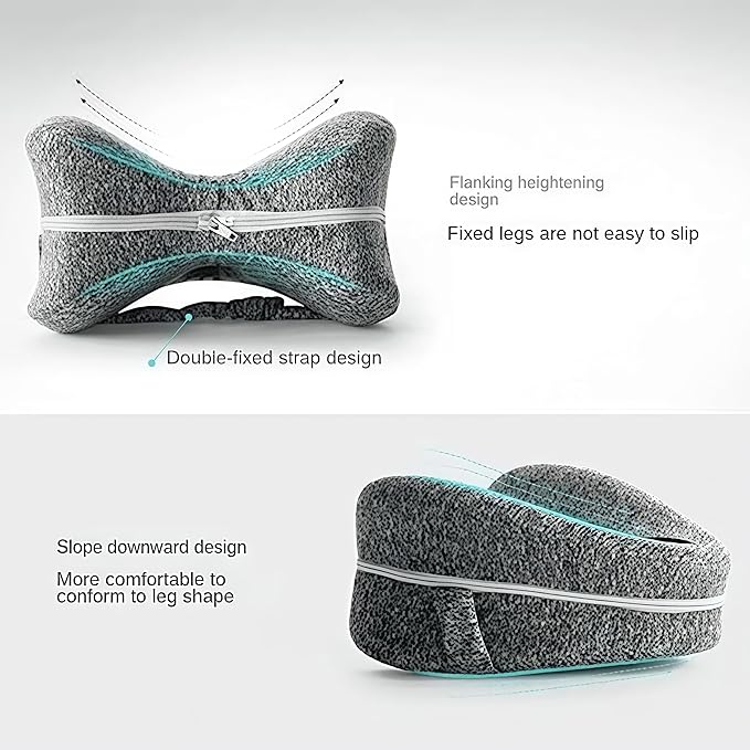 Leg Pillow for Side Sleepers, Memory Foam Knee Pillow with Elastic Strap, Contoured Leg Cushion for Hip & Spine Alignment, Comfort Support Pillow for Sleeping, Home, Office - Grey