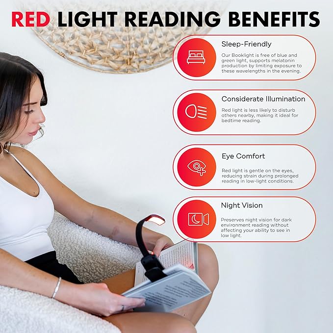 Mito Red Light - Flex Reader - Red Light Book Lights for Reading at Night - Portable, Rechargeable Book Light Clip On with 360° Gooseneck - Reading Lights for Books in Bed