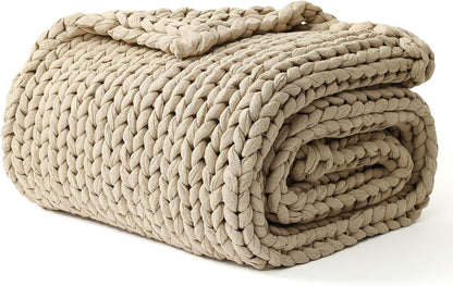 YnM Cotton Weighted Blanket, Handmade Chunky Knitted Design, Soft and Cozy, Temperature Regulating and Breathable, Machine Washable Throw for Sleep or Home Decor (Beige, 48x72 Inch, 20lbs)