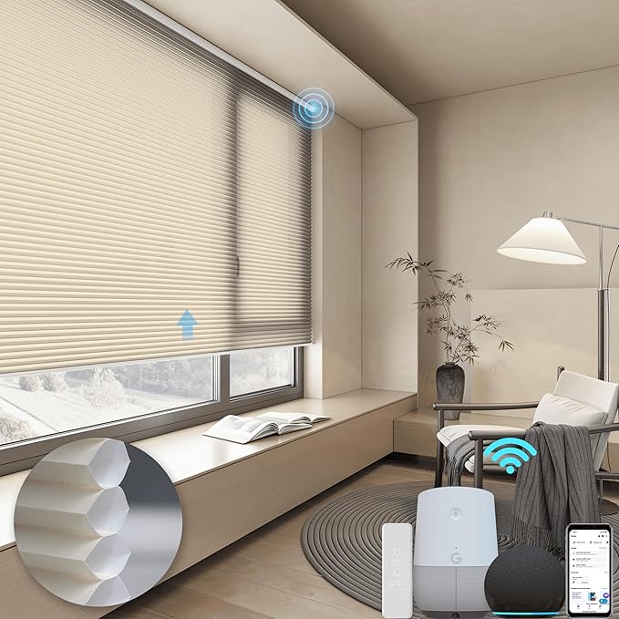 Motorized Cellular Shades with Remote, Light Filtering Smart Cellular Shades Compatible with Alexa, Honeycomb Window Blinds for Bedroom Home Office, Custom Size, Half Shading Cream