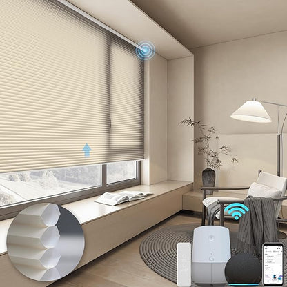 Motorized Cellular Shades with Remote, Light Filtering Smart Cellular Shades Compatible with Alexa, Honeycomb Window Blinds for Bedroom Home Office, Custom Size, Half Shading Cream