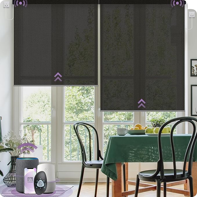 Graywind Motorized Roller Shades Compatible with Alexa Google Hardwired WiFi Smart Light Filtering Blind Remote Automated Blinds Electric Window Shade, Custom Size (3% Openness Chocolate)