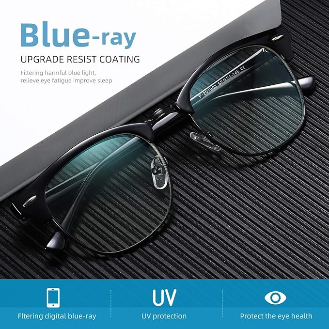 Blue Light Blocking Glasses Vintage Half Frame UV Clear Lens Anti Eyestrain Computer Gaming Glasses for Women Men (G03-crystal Gold+Bright Black)