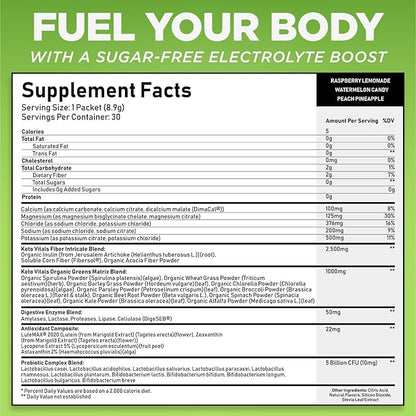 Keto Vitals Keto Electrolytes Plus Greens Superfood Powder Packets - 30 Servings Super Greens Powder Packets with Sugar Free Electrolytes for Hydration, Gut Health & Digestion - Green Drink Mix