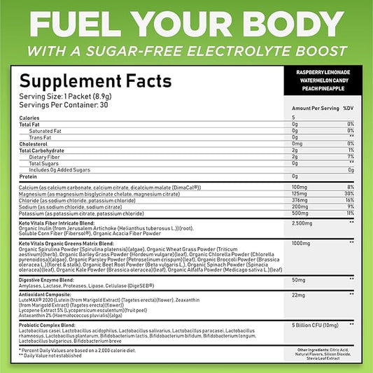 Keto Vitals Keto Electrolytes Plus Greens Superfood Powder Packets - 30 Servings Super Greens Powder Packets with Sugar Free Electrolytes for Hydration, Gut Health & Digestion - Green Drink Mix