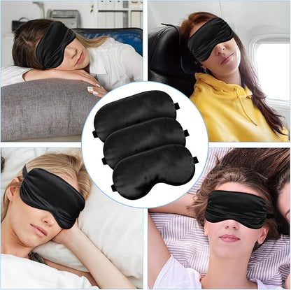 3 Pcs Sleep Mask for Sleeping, Silk Blackout Eye Mask Cover with Elastic Strap, Satin Night Blindfold Eyeshade Nap for Men and Women Travel (Black)