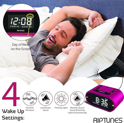 Riptunes Loud Alarm Clock with Bed Shaker for Heavy Sleepers & Hearing Impaired - Dual Alarm for Bedroom Weekday and Weekend Settings USB Charging, Dimmer, Snooze