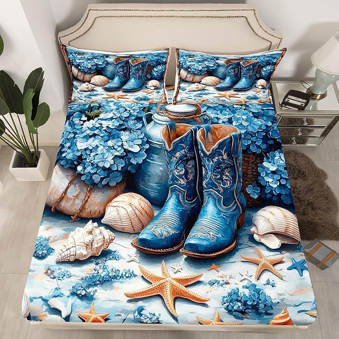 Western Cowboy Fitted Sheet Queen Size,Blue Tribal Boots Flowers Beach Starfish Shell Conch Bed Cover(1 Fitted Sheet+1 Pillow Case),Rustic Farmhouse Wooden Plank Mattress Cover