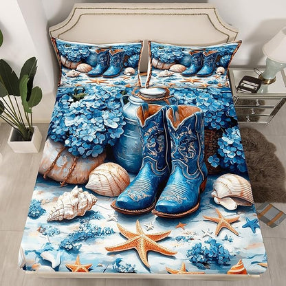 Western Cowboy Full Size Fitted Sheet,Blue Tribal Boots Flowers Beach Starfish Shell Conch 3 Pieces Kids Teenager Room Decor Rustic Farmhouse Wooden Plank Pocket 2 Pillowcases