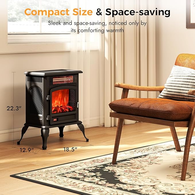 Electric Fireplace Stove Heater - Freestanding Electric Fireplace Heater with 3D Flame Effect, 1500W Infrared Electric Stove Heater for Indoor Use with Thermostat, Tip-Over&Overheat Protection