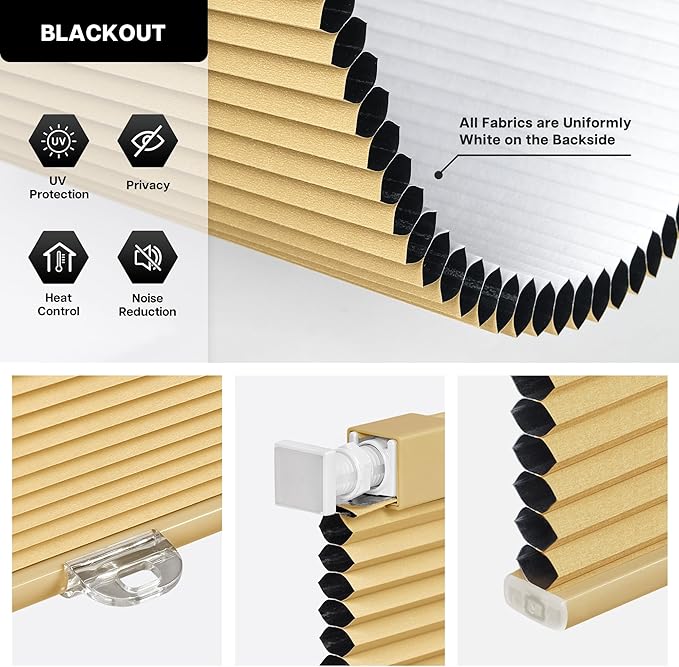 LazBlinds Cordless Cellular Shades, No Tools No Drill Blackout Honeycomb Shades Pleated Blinds for Windows, 33" W x 64" H, Yellowish-Brown