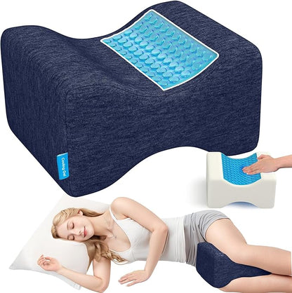 Knee Pillow for Side Sleepers with Cooling Gel, Memory Foam Elevation Pillow for Spine Aligning, Sciatica, Back, Hip, Knee, Ankle Pain, Blue/Plus