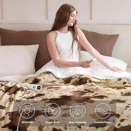 Heated Blanket Full Blanket - Fast Heating Electric Blanket, Soft Flannel Heated Full with 4 Time Settings,10 Heating Settings, Warm Gifts for Women & Mom&Grandma(72"x84"Cow Print Apricot)