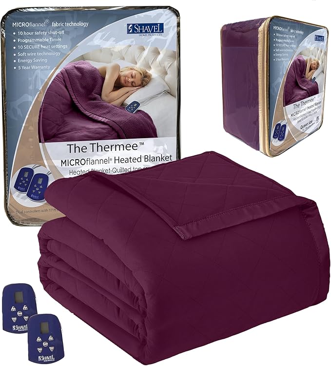 Thermee Micro Flannel Heated Blanket Queen Size - 10 Settings, Programmable, Rapid Heating, Luxuriously Soft, Burgundy