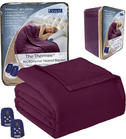 Thermee Micro Flannel Heated Blanket Queen Size - 10 Settings, Programmable, Rapid Heating, Luxuriously Soft, Burgundy
