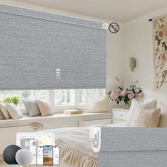 Kincmo No Drill Motorized Blinds with Remote, 100% Blackout Roller Shades for Windows, Custom Electric Blinds Compatible with Alexa, Apple Homekit, Google Home (100% Blackout Elegant Grey)