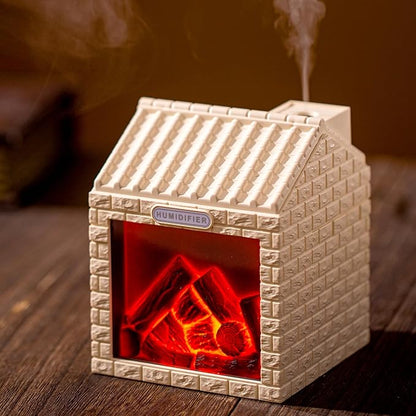 Mini Fireplace Cool Mist Humidifier with Flame Light, USB Powered, Auto Shut-Off, Portable for Bedroom Office Travel, 200ml, Beige