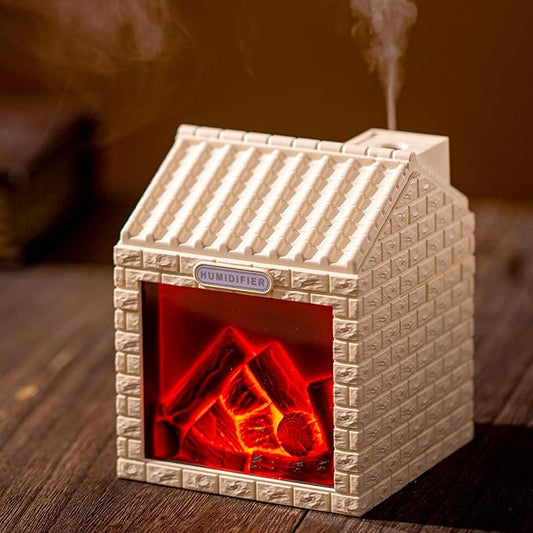 Mini Fireplace Cool Mist Humidifier with Flame Light, USB Powered, Auto Shut-Off, Portable for Bedroom Office Travel, 200ml, Beige