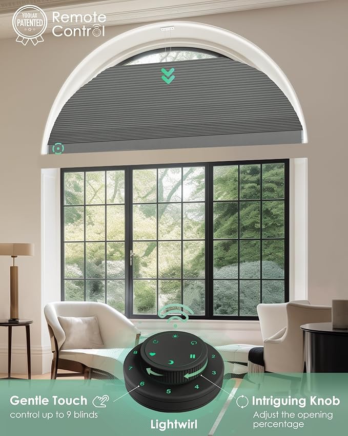 Yoolax Smart Cellular Shades, Motorized Arch Window Honeycomb Blinds Motorized Blinds with Remote Compatible with Alexa, Customized Arched Cellular Shades (Blackout Dark Grey)