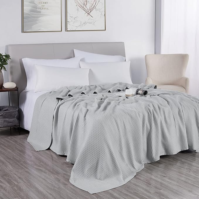 DOZ by SIJO Waffle Bed Blanket, 50% Viscose Derived from Bamboo and 50% Cotton Blend, Lightweight, Ultra Soft, Breathable, Summer Blanket (Dove, Throw (45"x70"))