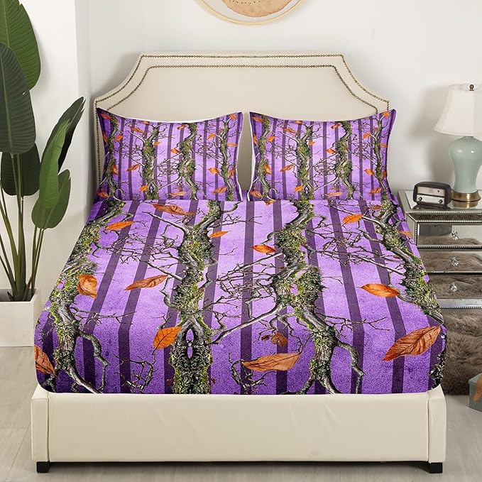 Tree Branches Kids Fitted Sheet Twin Size,Botanical Leaves Rustic Nature Bedding Set,Boys Girls Room Decor,Jungle Hunting Cabin Adventure Bed Cover,Purple Bed Sheet,1 Pillowcase(No Top Sheet)