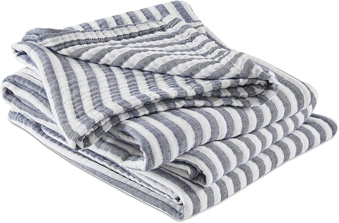 EMME Cotton Muslin King Blanket Bed Layering Bedspread Coverlet Breathable Gauze Soft Lightweight (Striped Navy, 108"x90")
