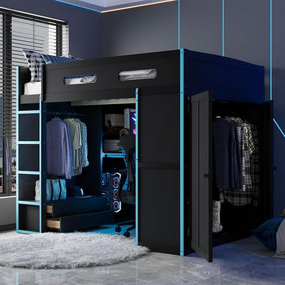 GOWE Full Size Wood Loft Bed with Desk,Wardrobe,Ample Storage Space,and RGB Light, Cloud Blue(Old SKU:LT000261AAC)