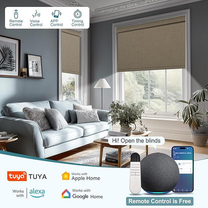 Motorized Blinds with Remote,Blackout Smart Roller Shades with App,Voice Control,Linen Fabric,Thermal Insulated Automatic Blinds,Electric Shades with USB/Solar Pannel.Double-Sided Brown