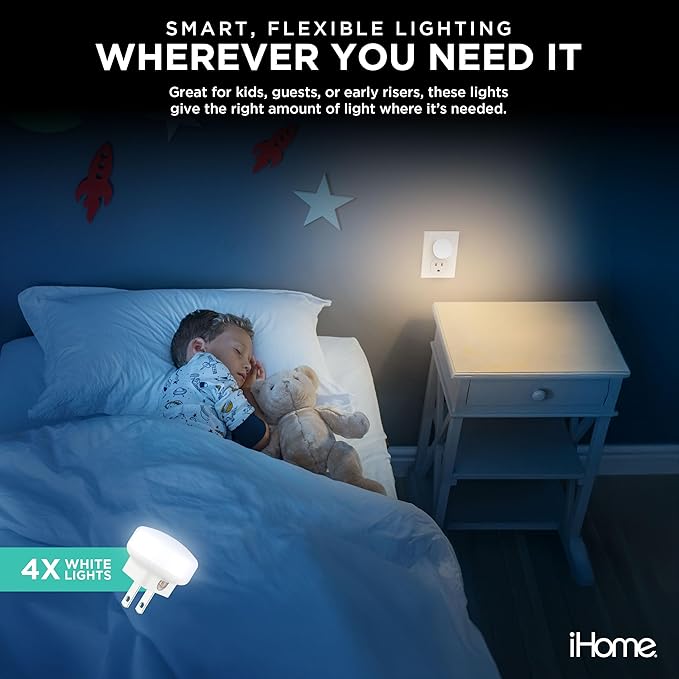 iHome Plug-in LED Night Lights 4-Pack, Dusk-to-Dawn Sensor, 3000K Warm Glow, Energy Saving, Great for Bedrooms, Hallways, Closets, Stairs, Kids’ Rooms (4-Pack White Lights)