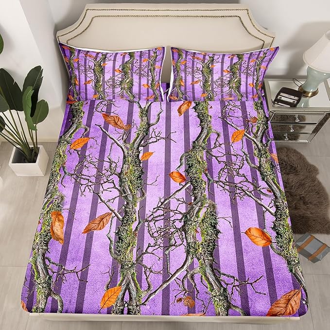 Tree Branches Kids Fitted Sheet Full Size,Botanical Leaves Rustic Nature Bedding Set,Boys Girls Room Decor,Jungle Hunting Cabin Adventure Bed Cover,Purple Bed Sheet,2 Pillowcases(No Top Sheet)